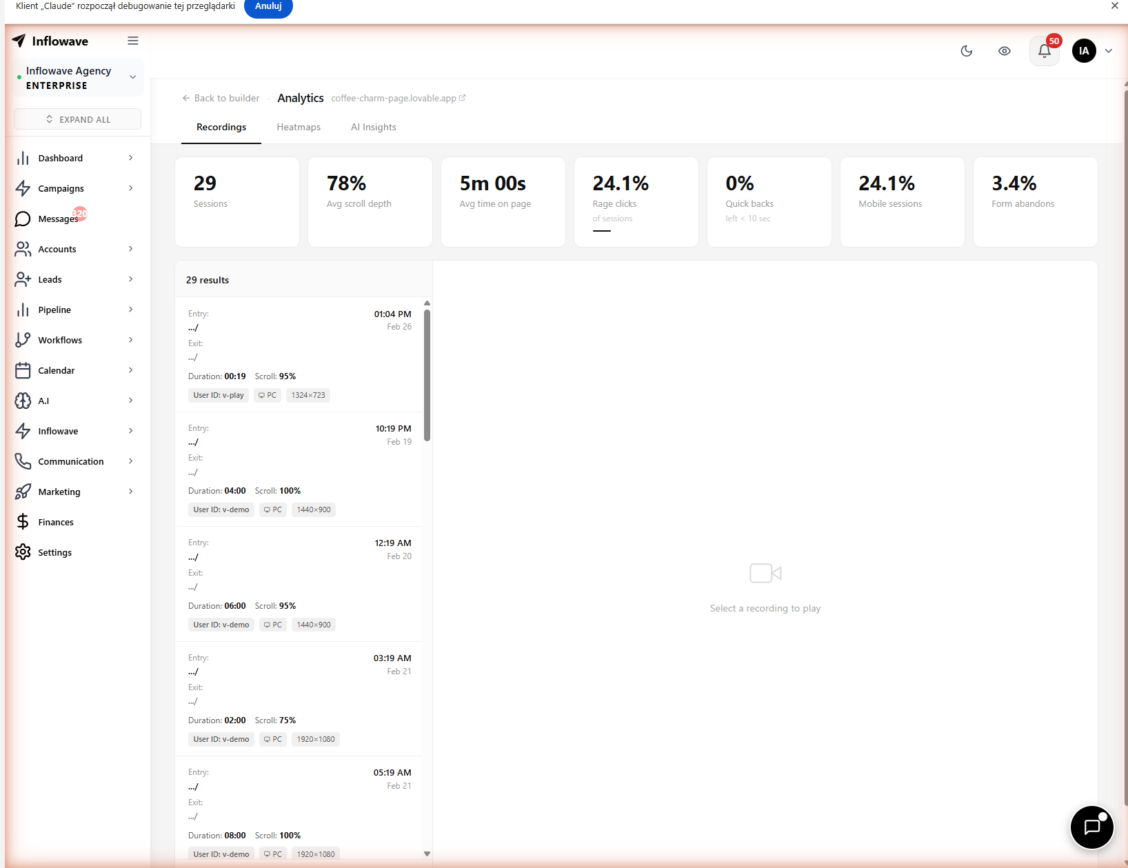 Inflowave analytics recordings with live visitor session data