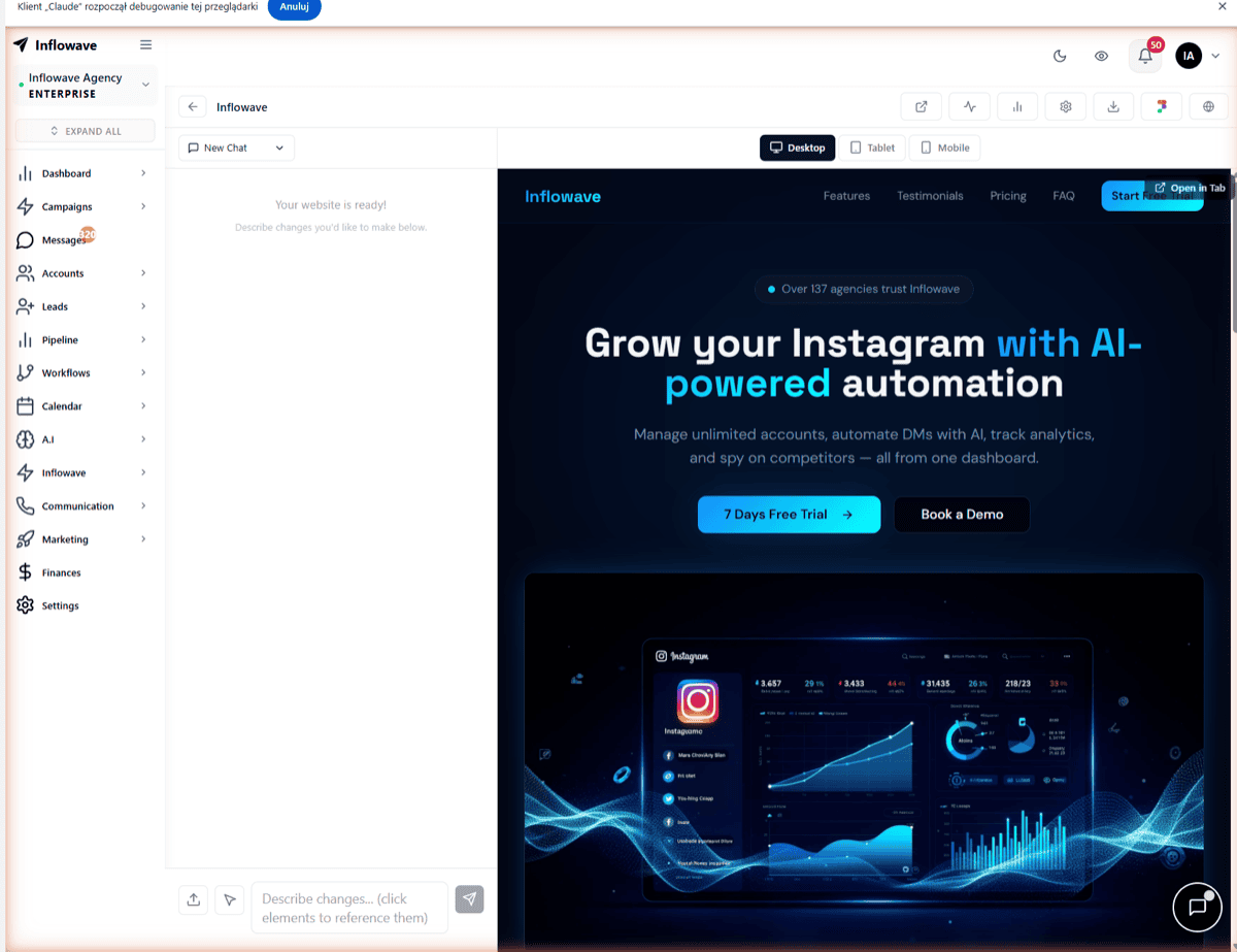 Inflowave AI website builder chat interface for generating landing pages