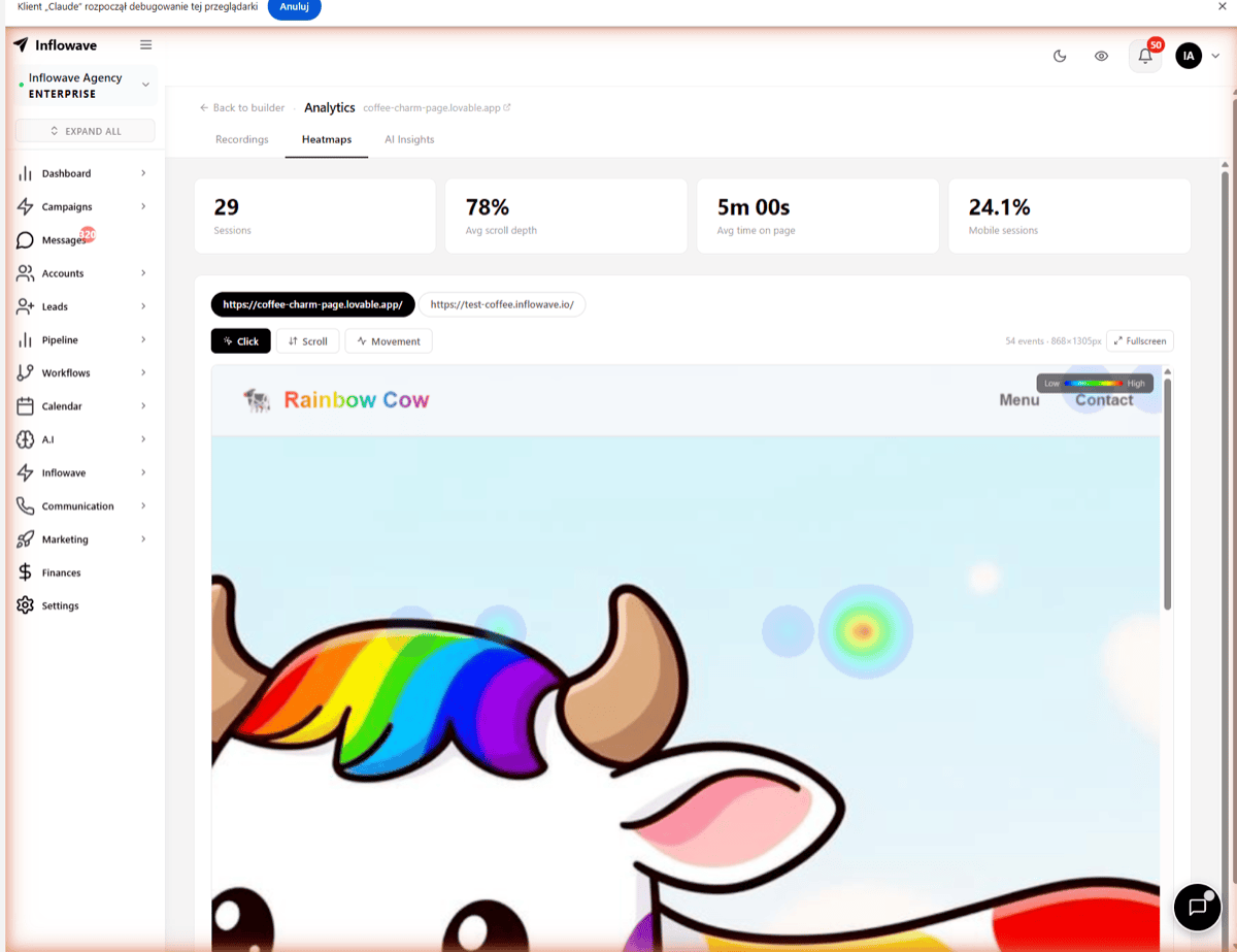 Inflowave website heatmap showing real click patterns across landing page