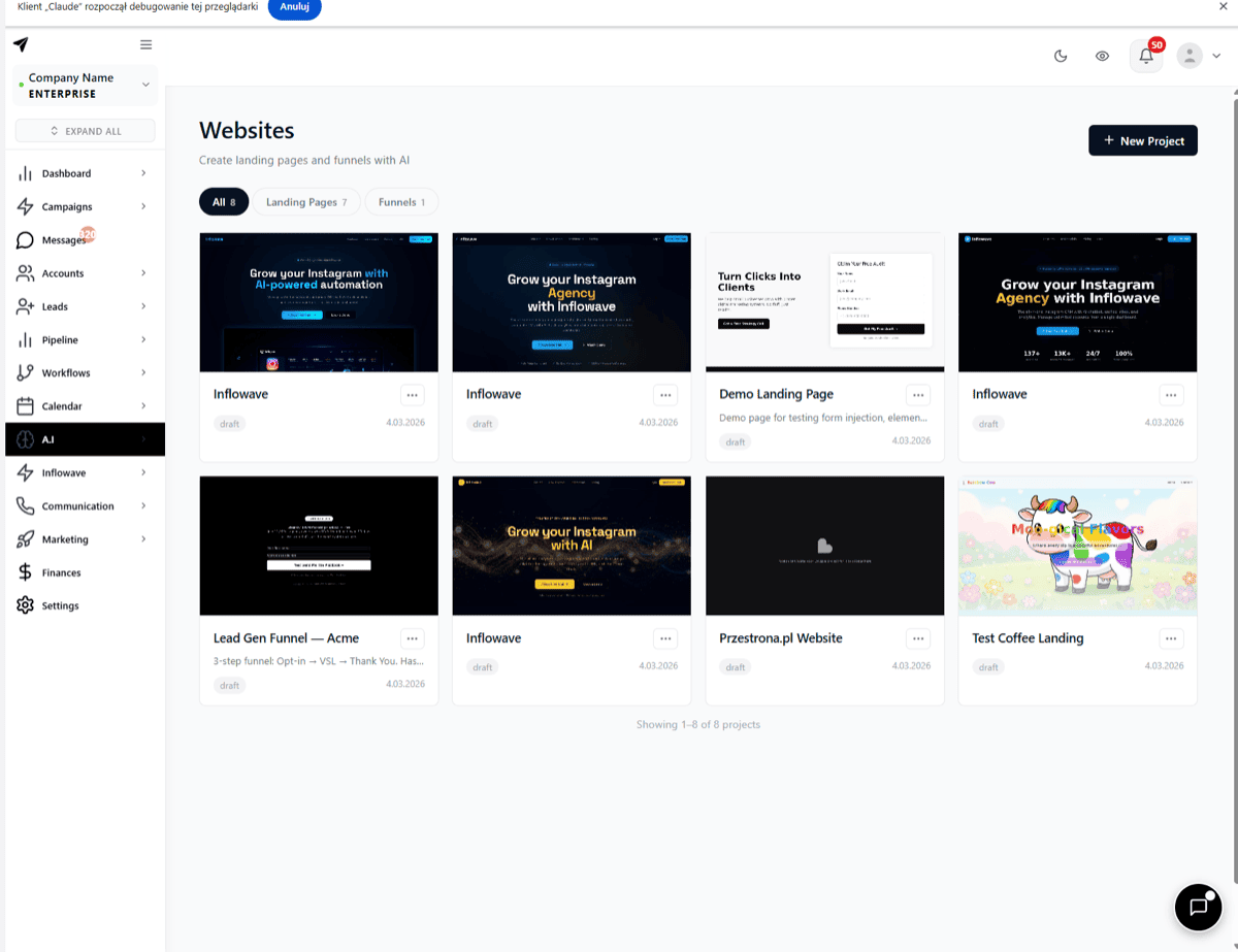 Inflowave A.I. Websites project dashboard showing all landing page projects