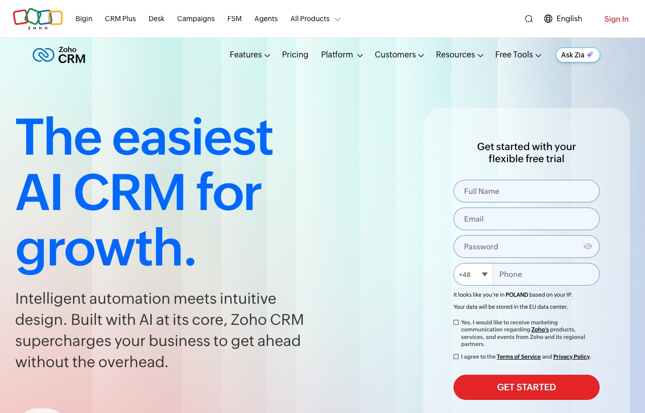 Zoho CRM product interface