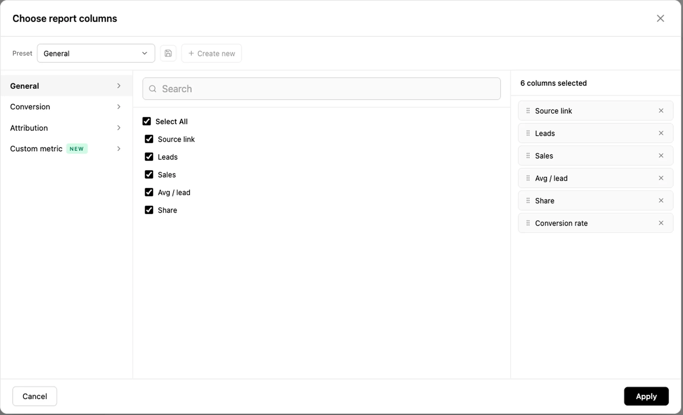 The Inflowave report column chooser, with General, Conversion, Attribution and Custom metric as the four categories a column can come from, and the six selected columns listed in order on the right