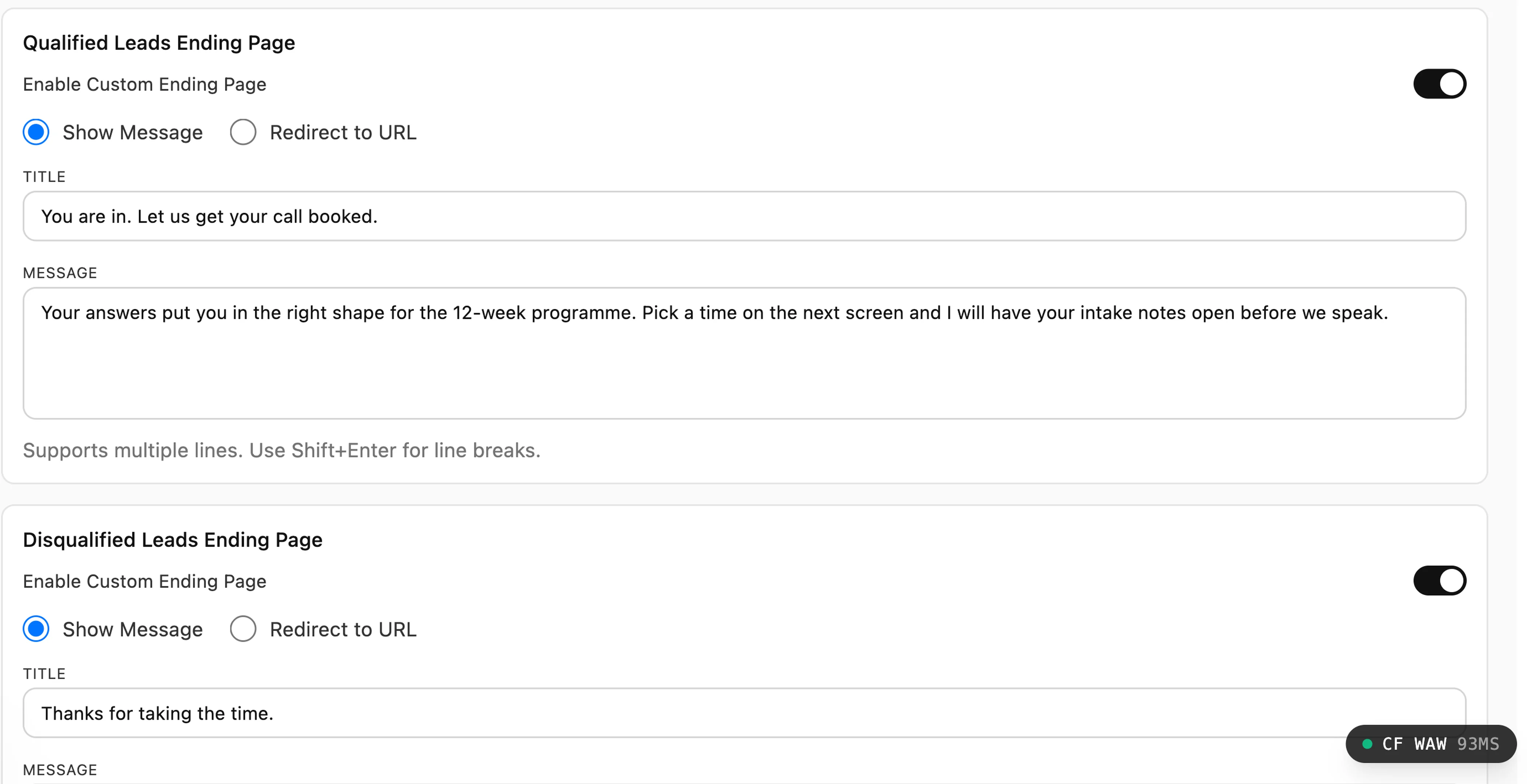 The two ending pages configured on one Inflowave form: a qualified ending sending the lead on to book a call, and a separate disqualified ending with its own title and message, each able to show a message or redirect to a URL