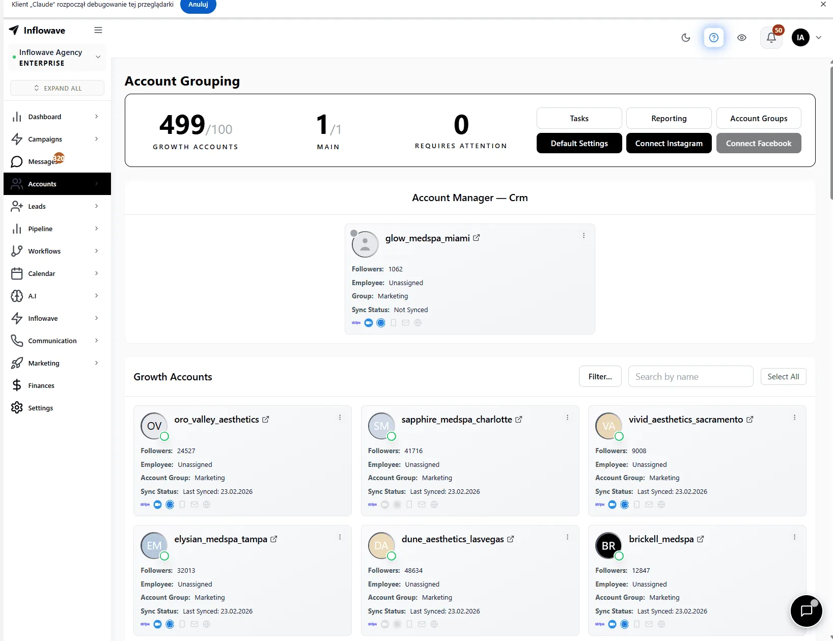 Inflowave multi-account dashboard, all Instagram accounts connected in one view