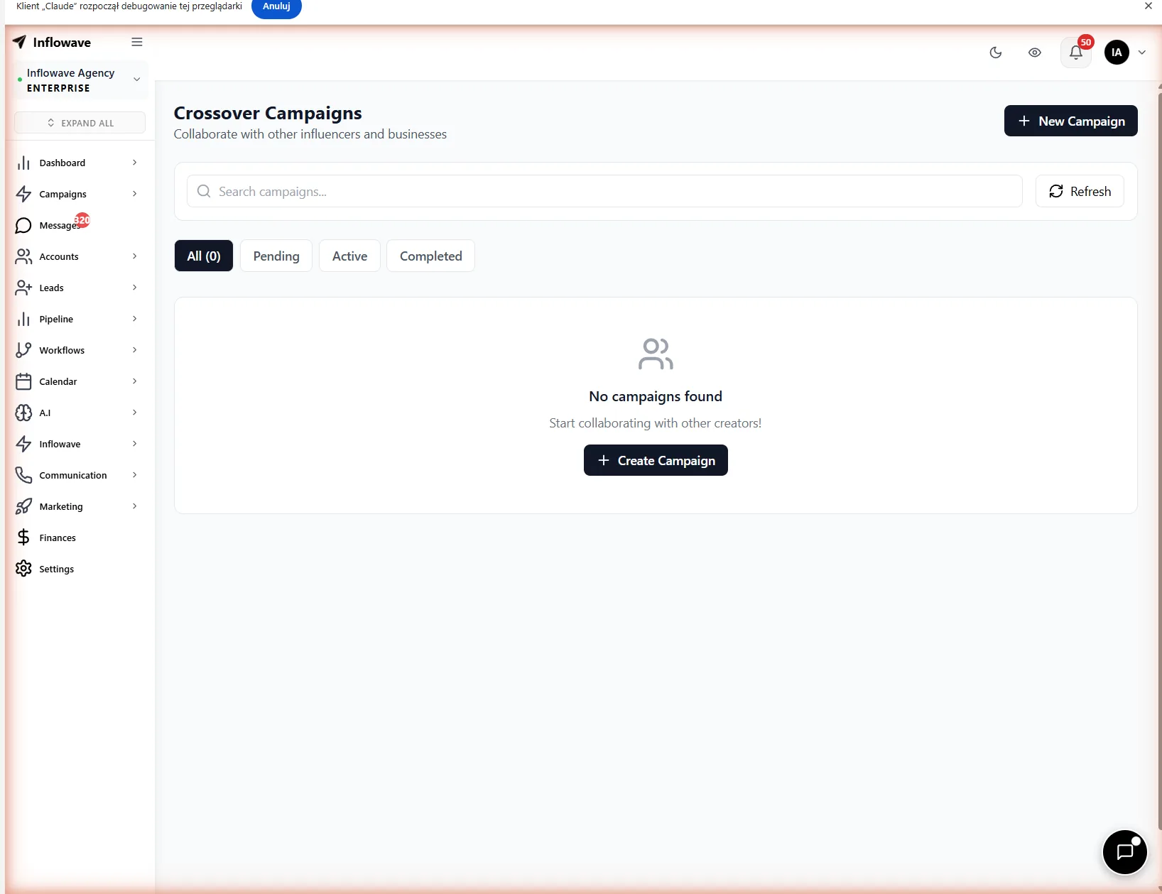 Inflowave Crossover Campaigns list, run coordinated campaigns across multiple Instagram accounts