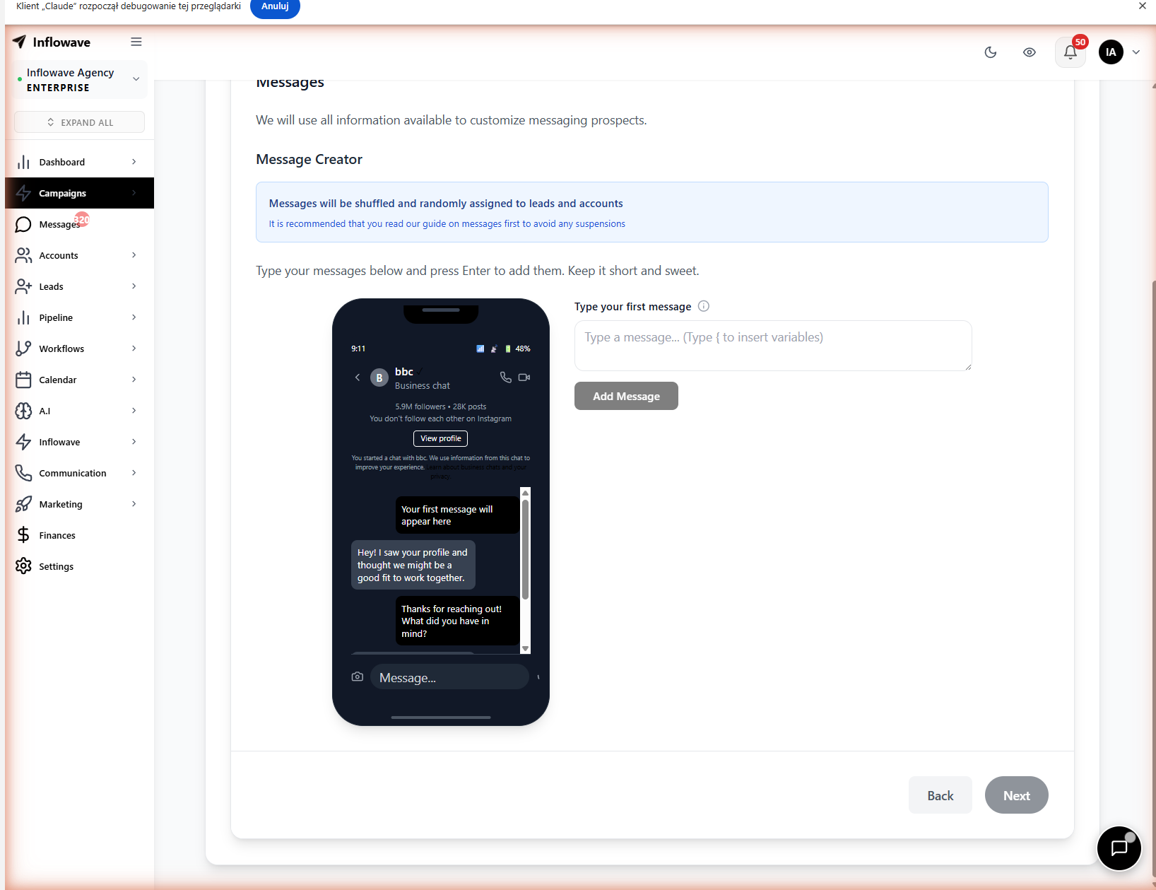 Inflowave broadcast campaign message creator with AI copy assist and phone preview