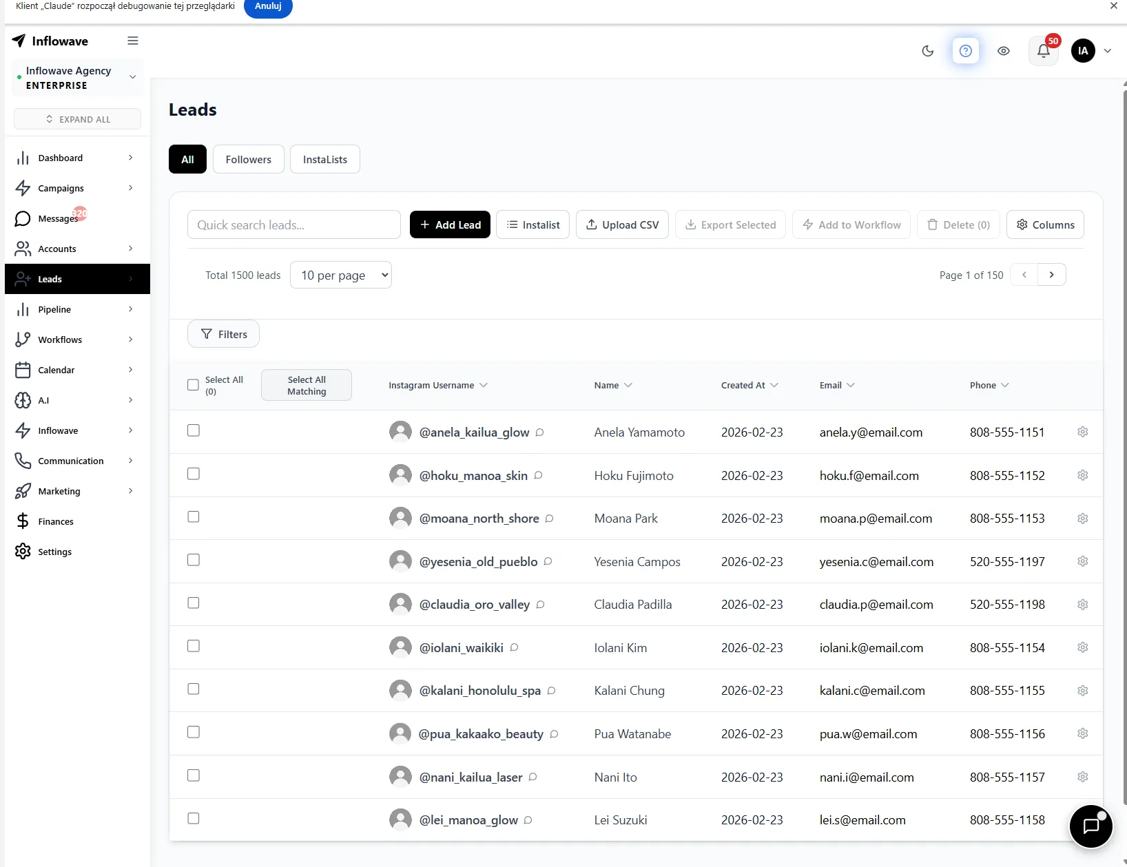 Inflowave leads filtered by status and industry, segment Instagram contacts for targeted follow-up