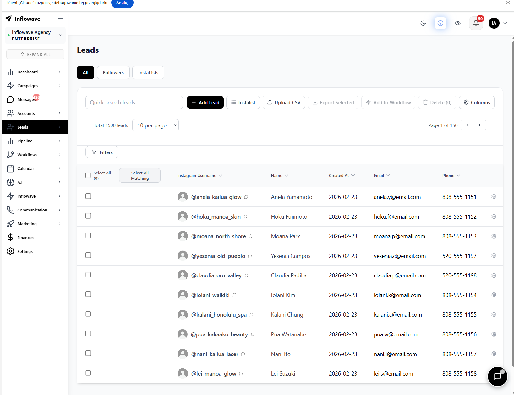 Inflowave leads list showing 1300+ contacts with source, tags, and pipeline stage