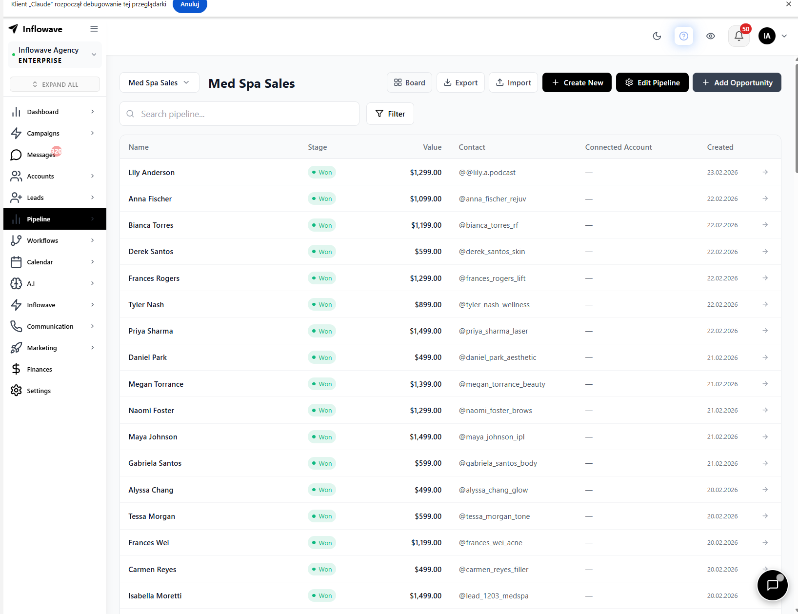 Inflowave pipeline list view showing lead cards with contact details and pipeline stage