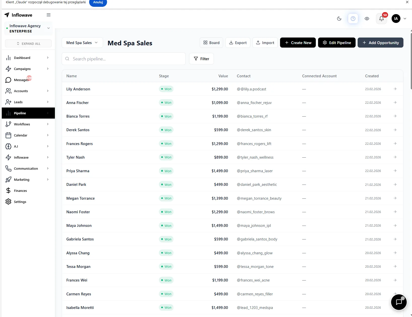Inflowave CRM pipeline - built natively for Instagram, unlike HubSpot