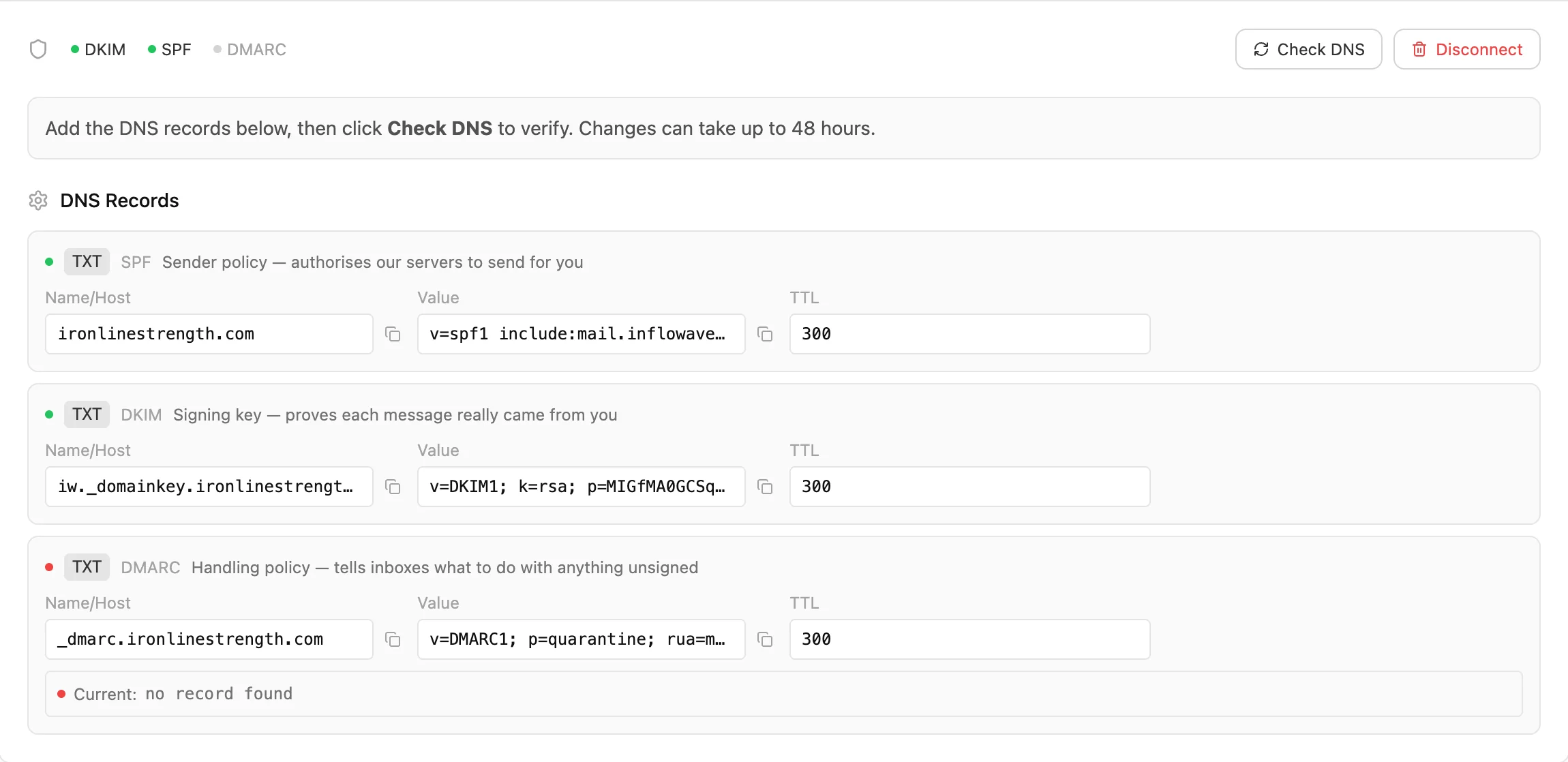 Inflowave email domain authentication screen: SPF and DKIM verified, DMARC still outstanding with no record found, each with its own host, value and TTL ready to copy