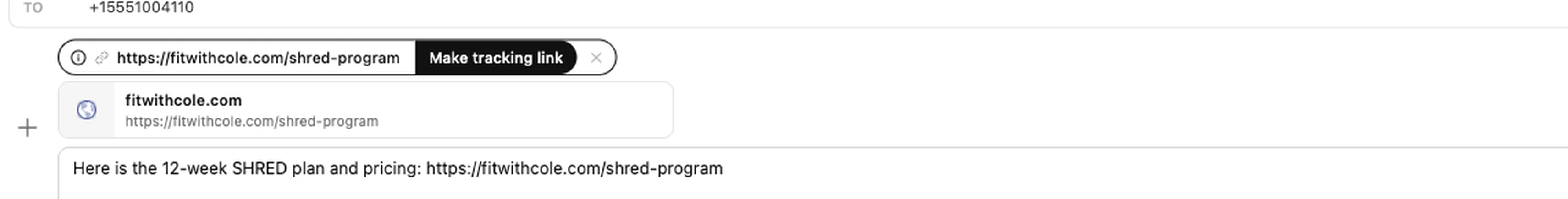 A URL pasted into the Inflowave message composer, with a Make tracking link button offered on it in place of sending the raw address