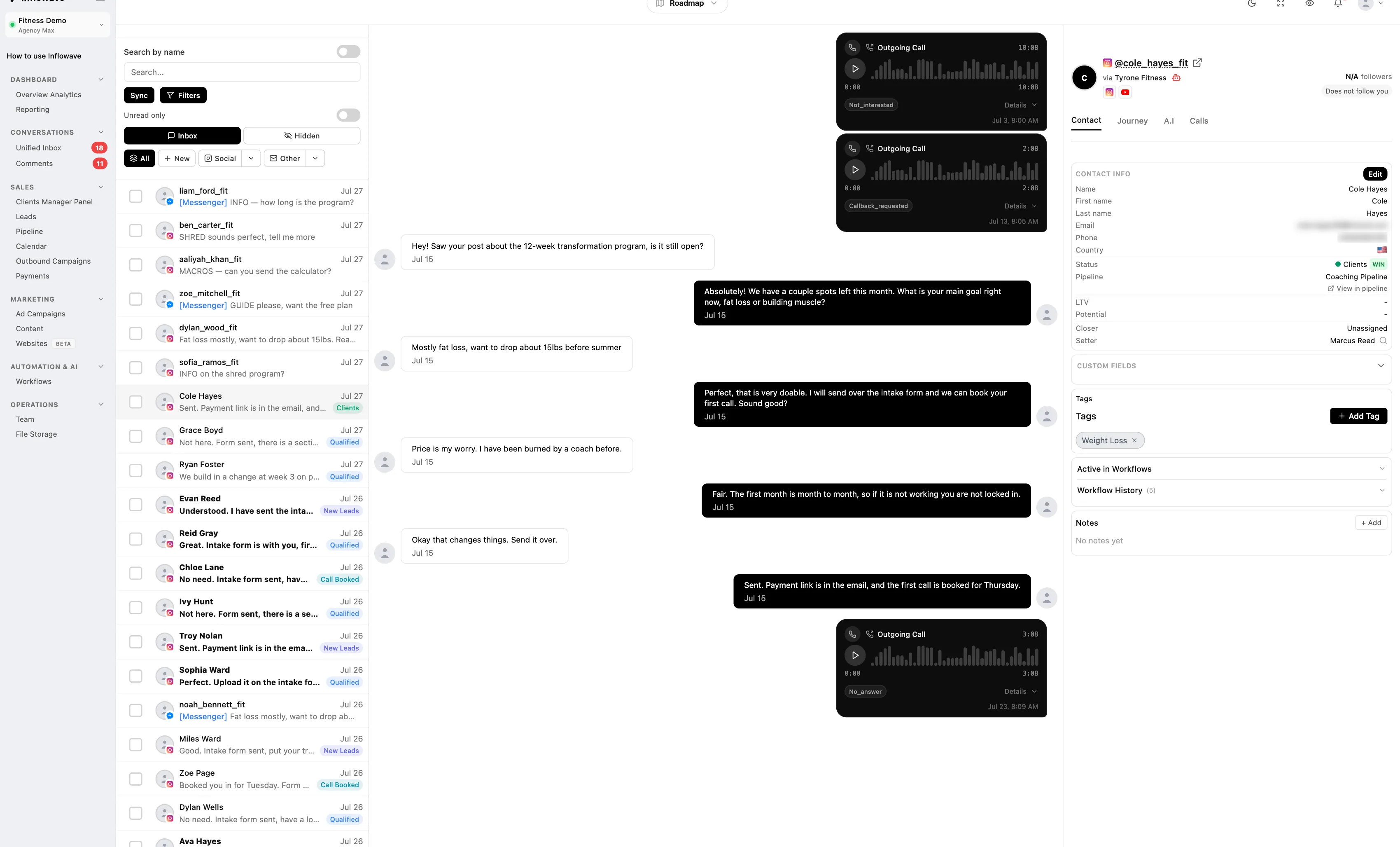 The Inflowave unified inbox: conversation list with pipeline stage on each row, the open thread with messages and call recordings, and the contact panel with status, tags and workflow history