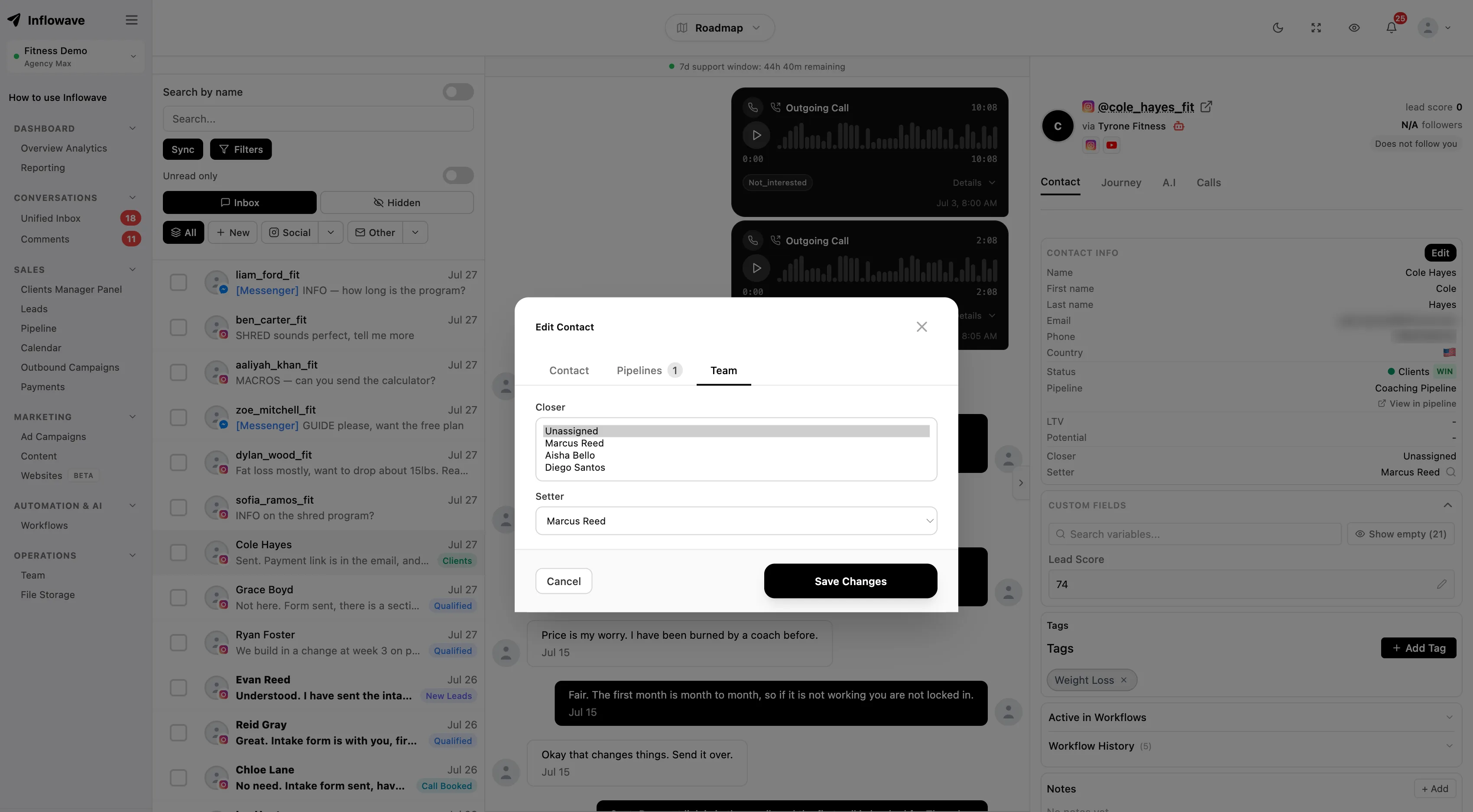 A thread in the Inflowave inbox with the assignment panel open, the closer list showing three named team members and the setter already set, while the side panel keeps the lead score, tags, custom fields and workflow history in view