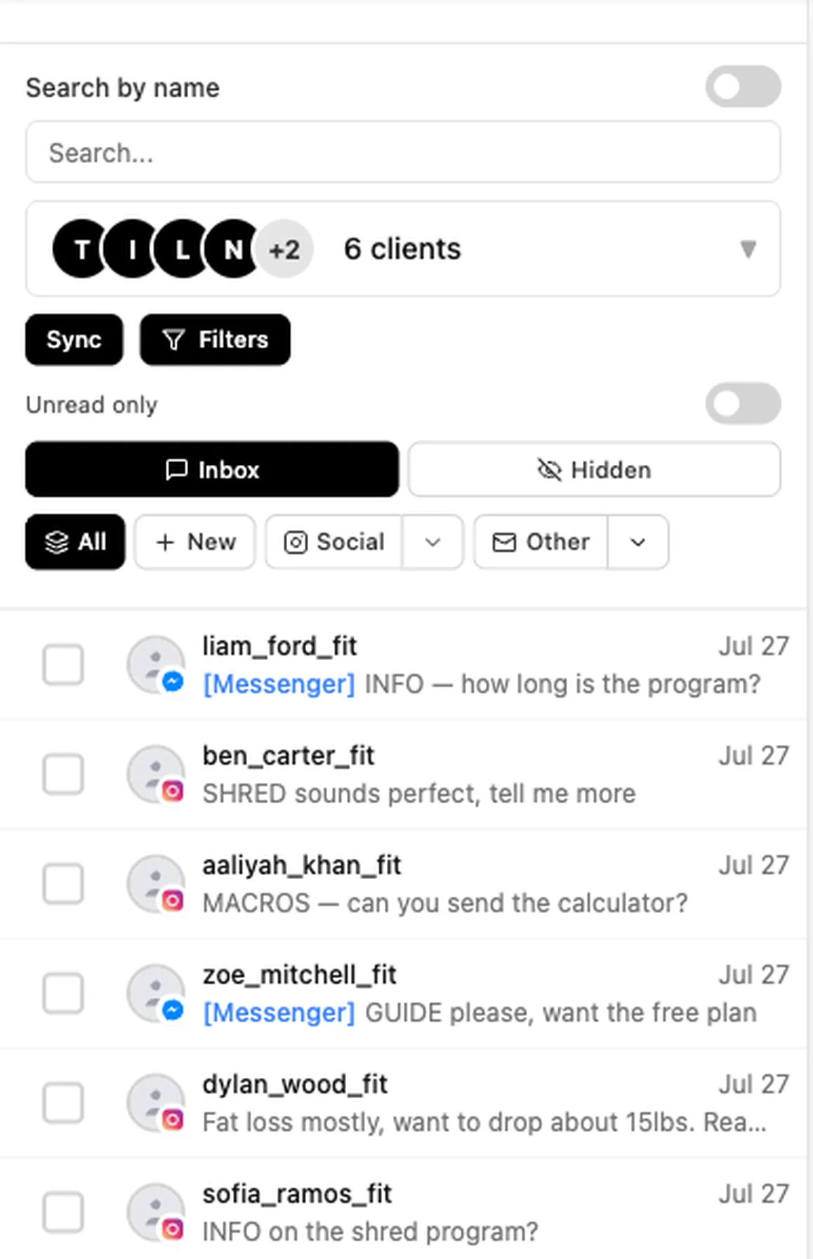The Inflowave conversation list scoped to six client accounts at once, with Instagram and Messenger conversations interleaved in a single list and a channel badge on each row