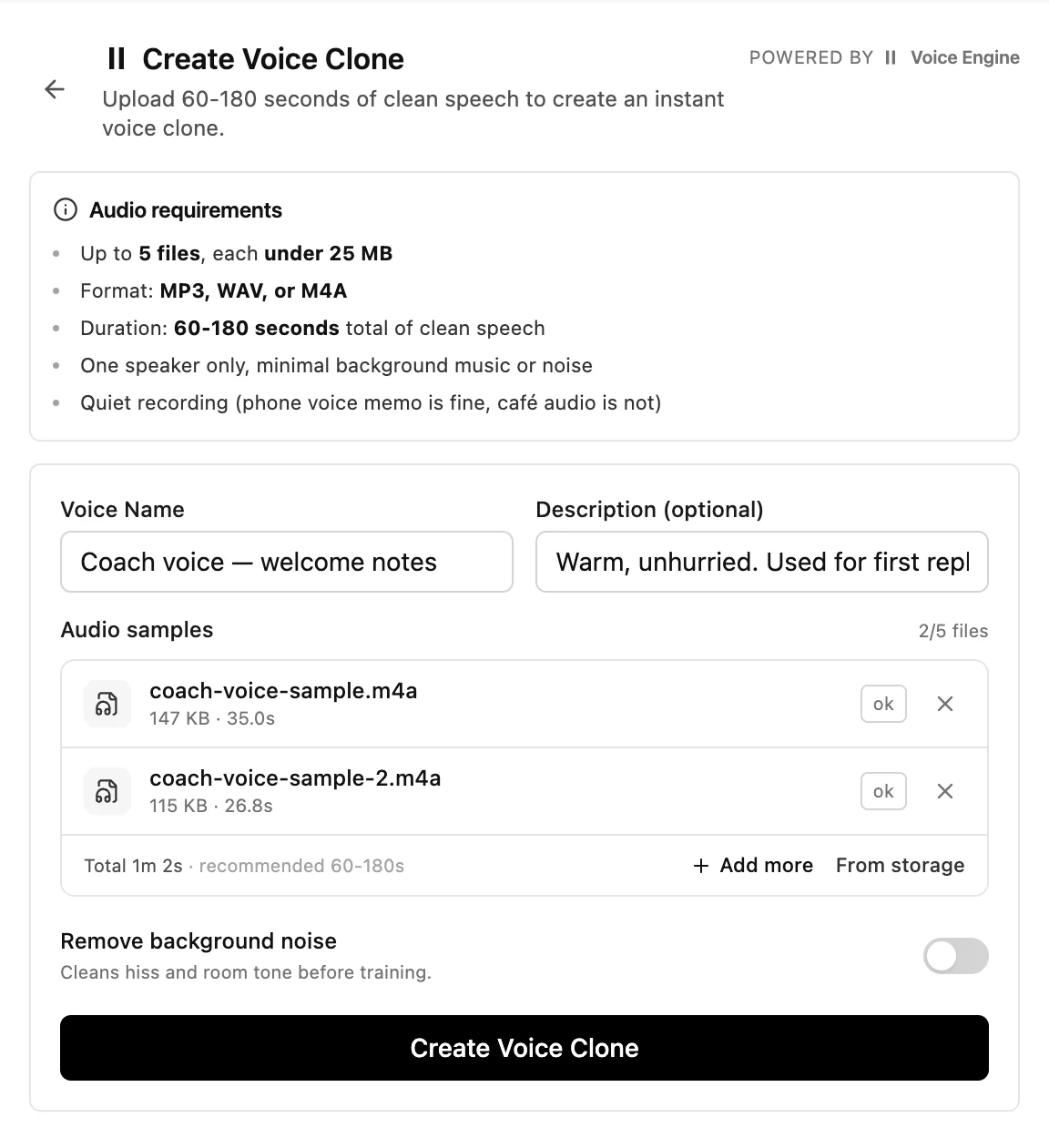 Inflowave create-voice-clone screen with two audio samples uploaded, their file sizes and durations listed against a recommended sixty to a hundred and eighty seconds, and the audio requirements shown above