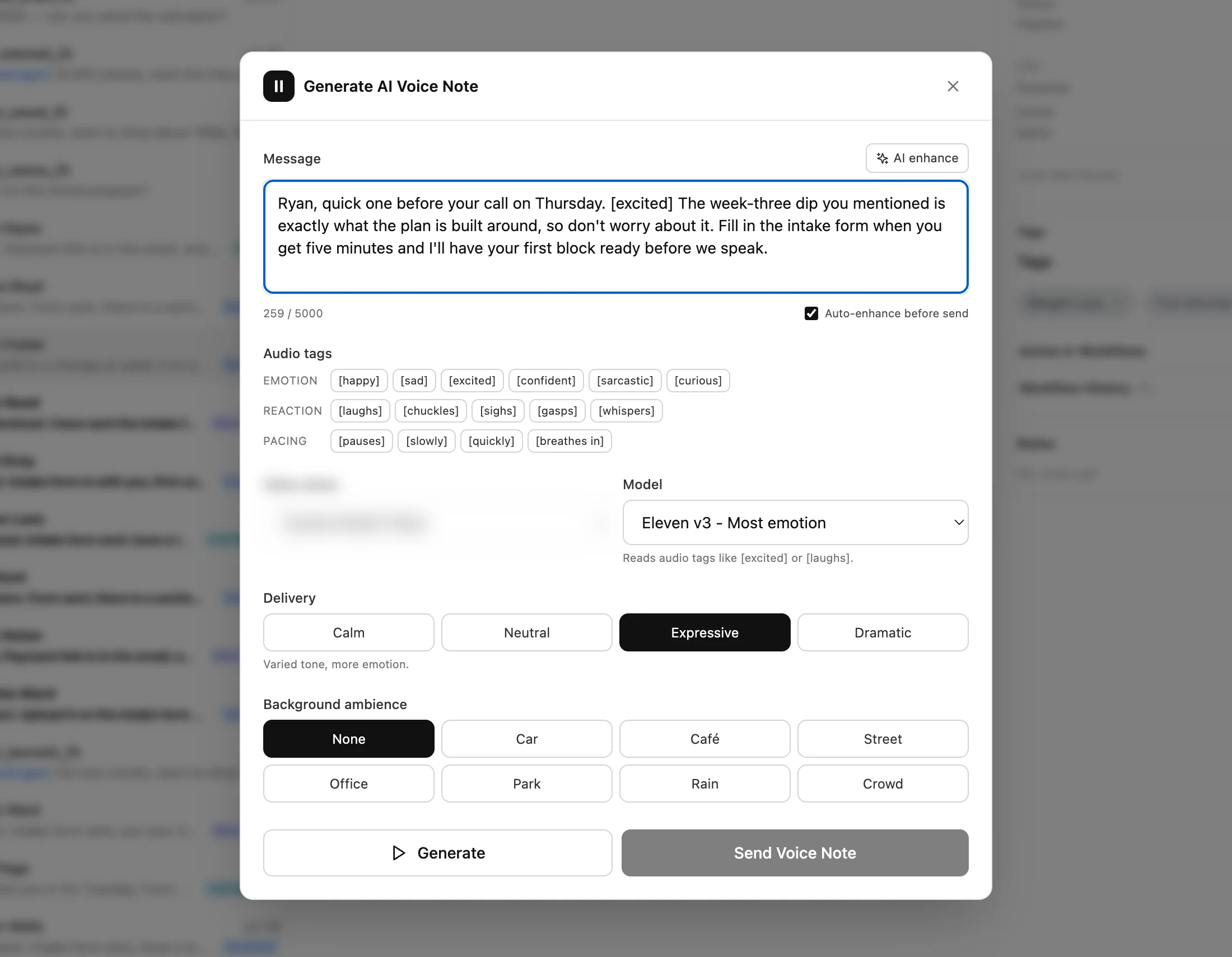 Inflowave voice note composer open over a live conversation, with the message written, audio tags for emotion, reaction and pacing, and the four delivery styles calm, neutral, expressive and dramatic with expressive selected