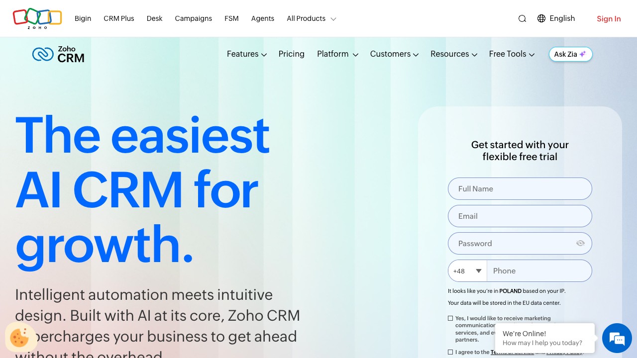 Zoho CRM product interface
