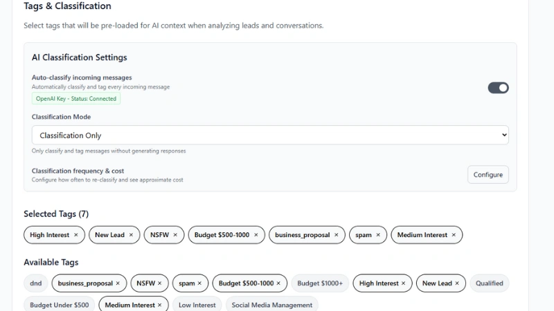 Automatic tag assignment for Instagram conversations